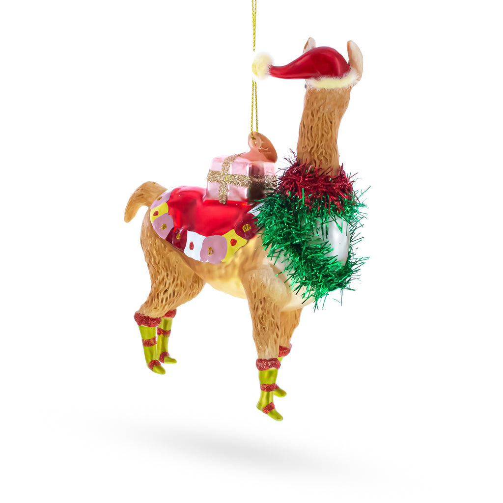 Christmas Llama with Tinsel Garland and Gift Glass Christmas OrnamentChina , dimensions in inches: 5.2 x 4.1 x 1.4