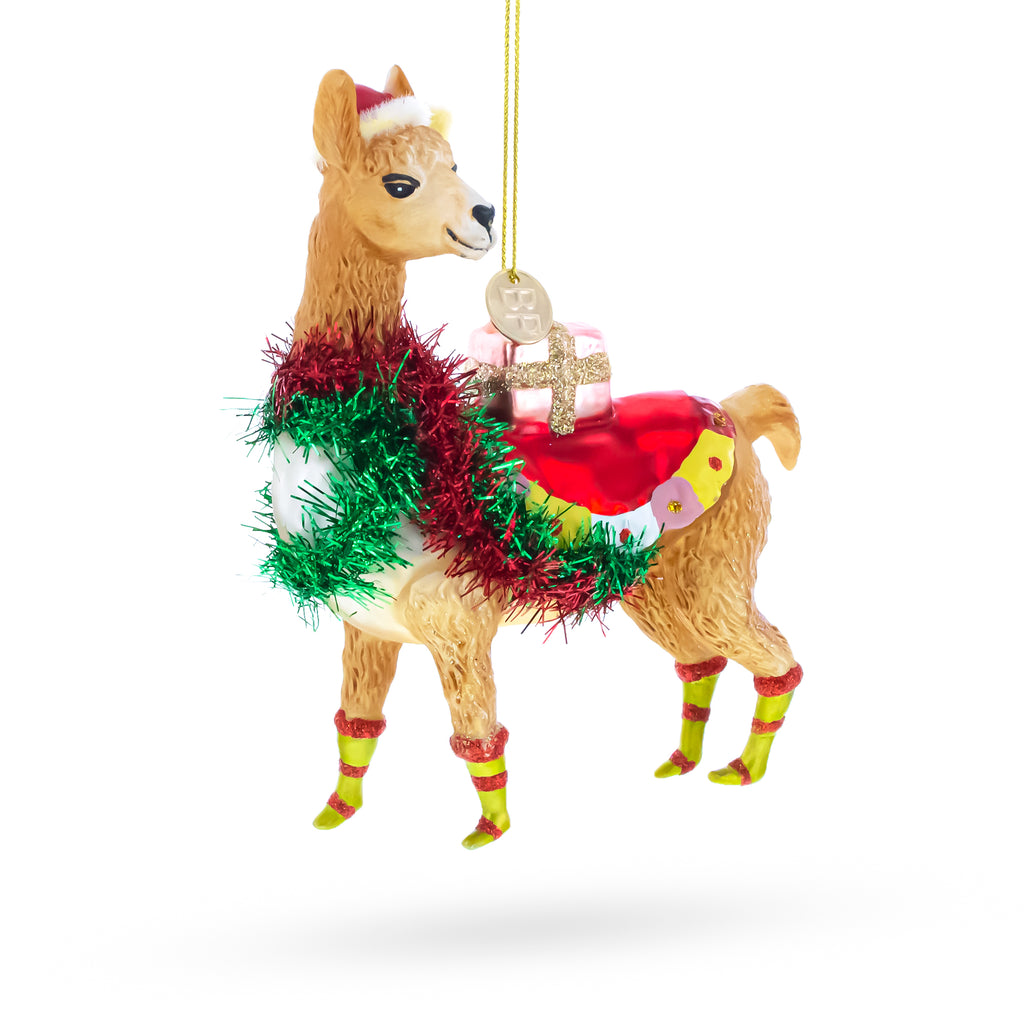 Christmas Llama with Tinsel Garland and Gift Glass Christmas Ornament in Multi color Figurine