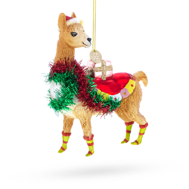 Festive Llama with Presents Blown Glass Christmas Ornament in Multi color