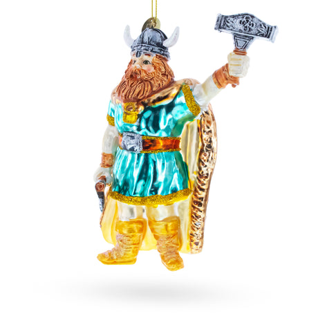 Viking Warrior with Hammer Blown Glass Christmas Ornament , dimensions in inches: 5.8 x 3.5 x 2.3