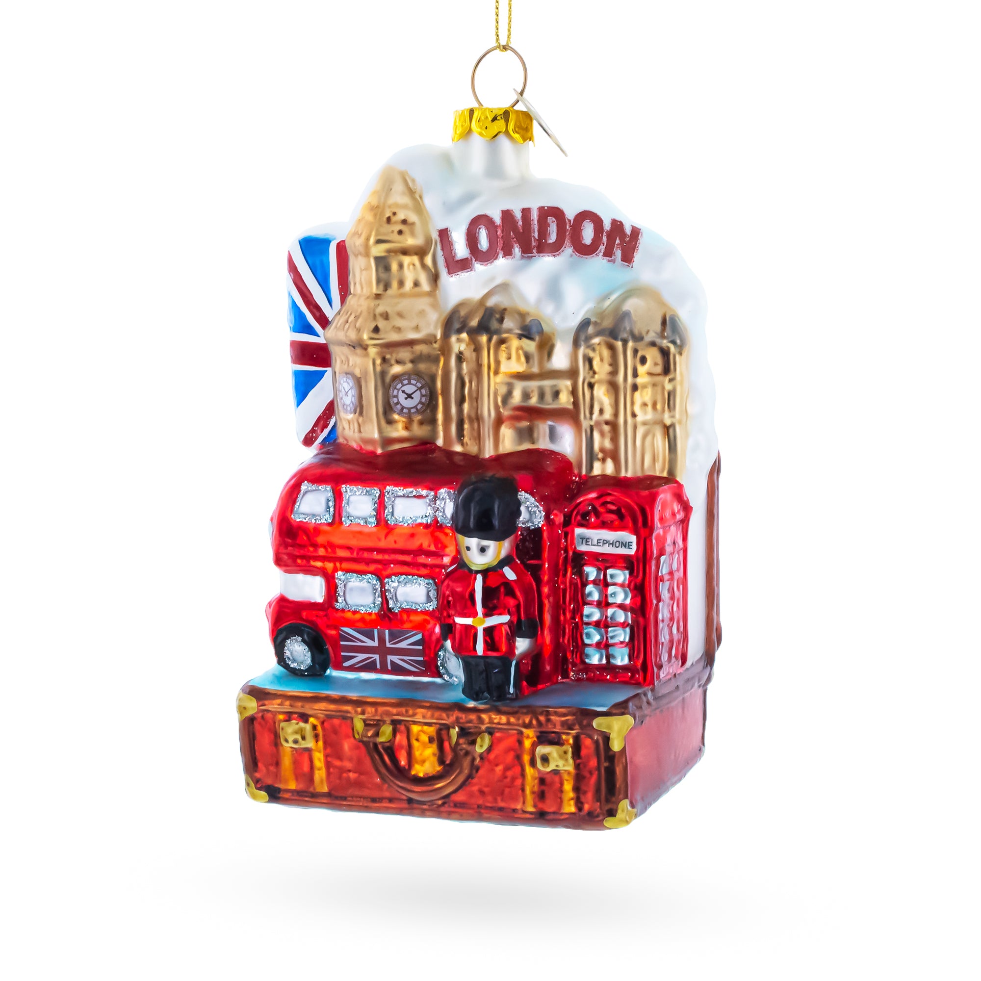 Landmarks of London, United Kingdom Blown Glass Christmas Ornament in Red color Figurine