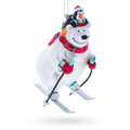 Skiing Polar Bear with Penguin Glass Christmas Ornament in White color Figurine
