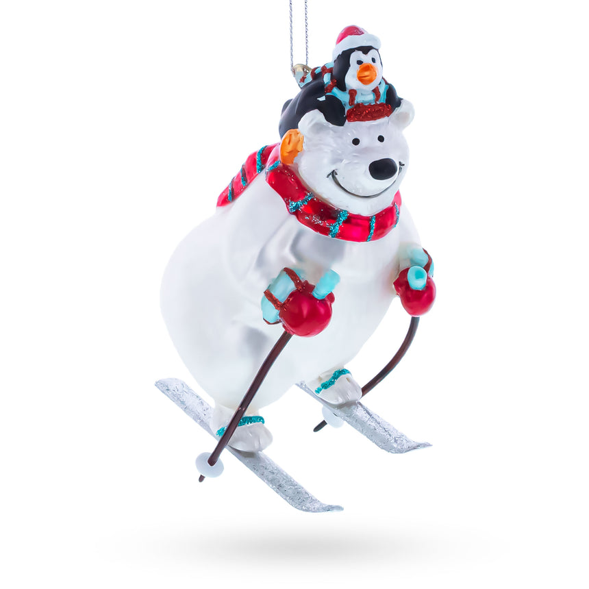 Skiing Polar Bear with Penguin Blown Glass Christmas Ornament in White color Figurine
