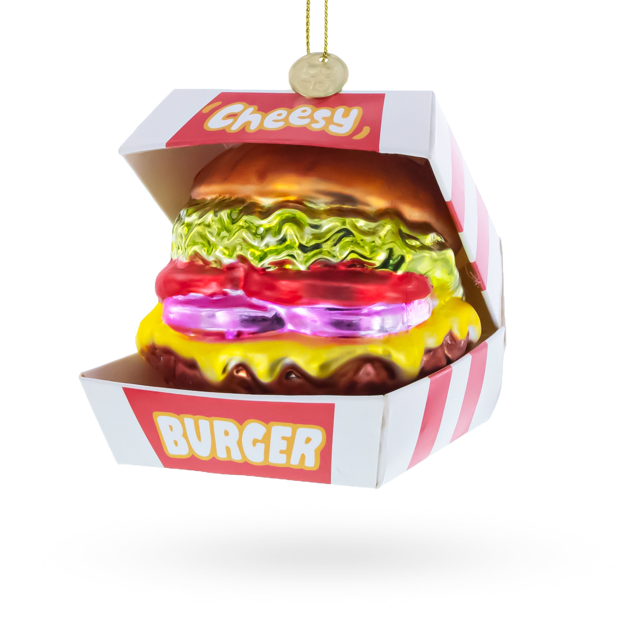 Juicy Cheeseburger with Lettuce and Tomato Glass Christmas Ornament in Red color Figurine