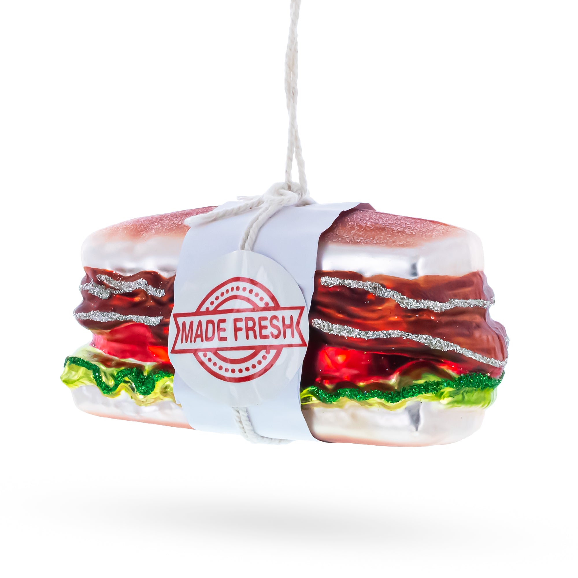 Fresh Made Meat Sandwich with Lettuce and Tomato Glass Christmas Ornament in Red color Figurine