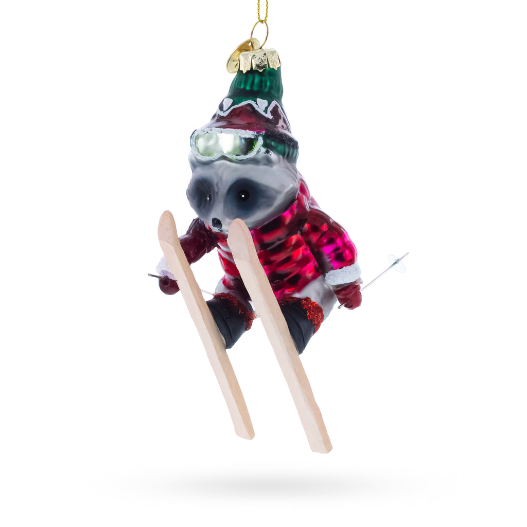 Raccoon Skier with Goggles Glass Christmas Ornament in Pink color Figurine