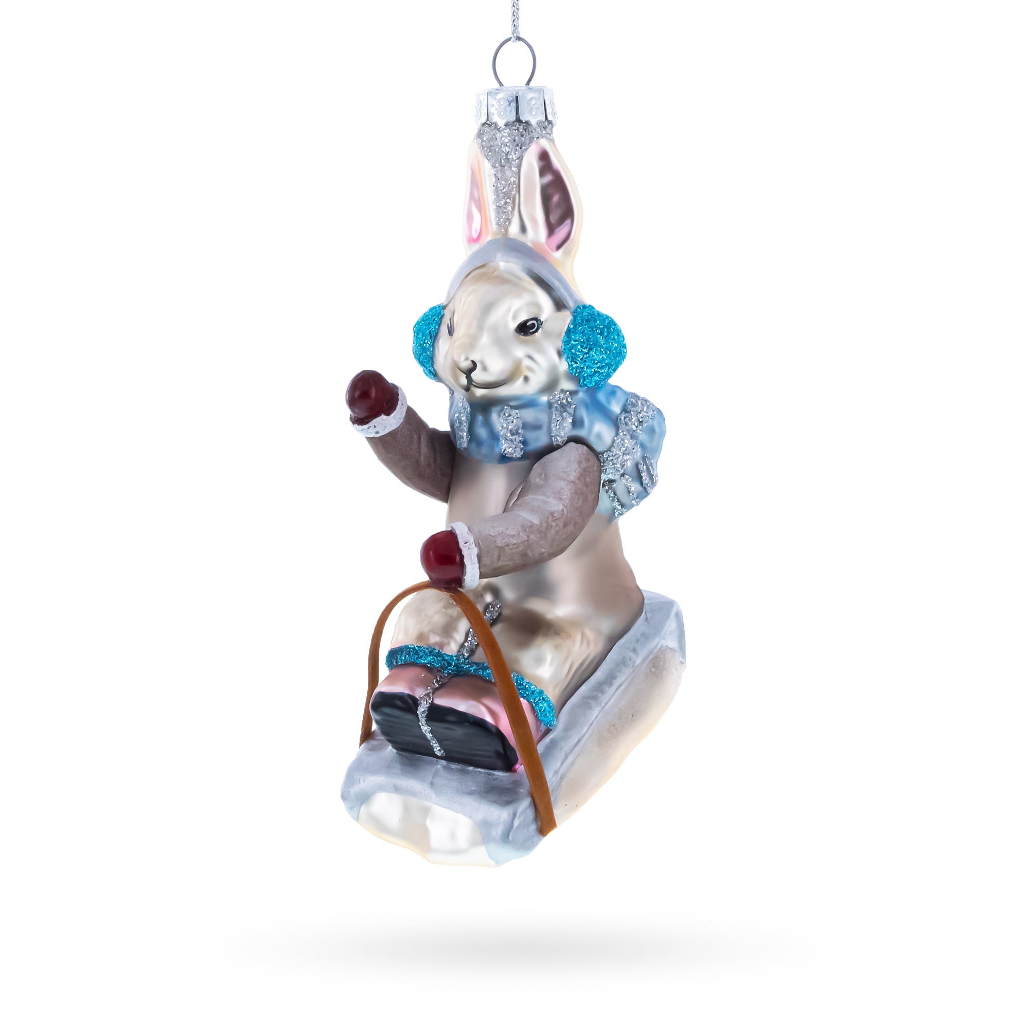 Bunny Sledding with Earmuffs Glass Christmas Ornament in Grey color Figurine
