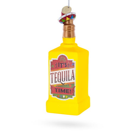 Tequila Bottle with Sombrero Blown Glass Christmas Ornament in Yellow color