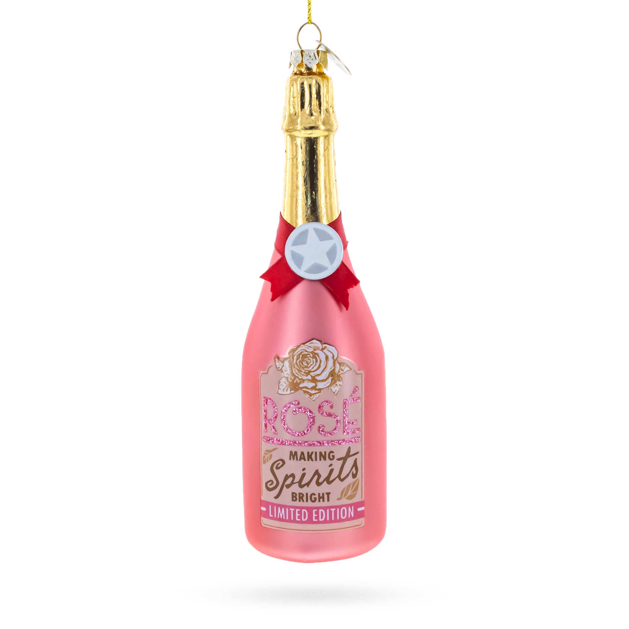 Rose Sparling Wine Bottle Glass Christmas Ornament in Pink color Figurine