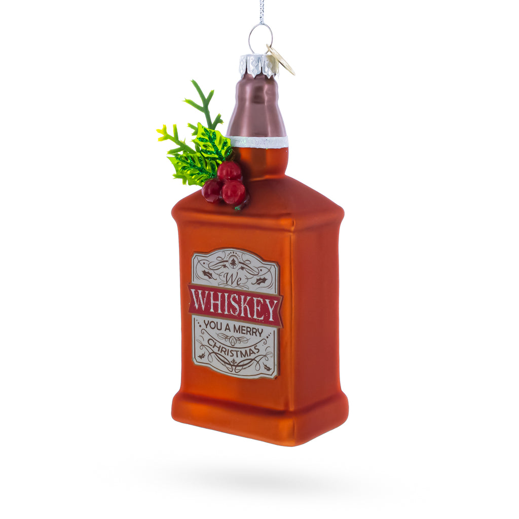 Whiskey Bottle with Holiday Accent Glass Christmas Ornament in Orange color Figurine