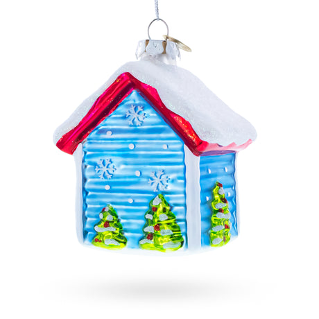 Christmas Dogs in Doghouse Blown Glass Christmas Ornament , dimensions in inches: 3.9 x 3 x 2.6