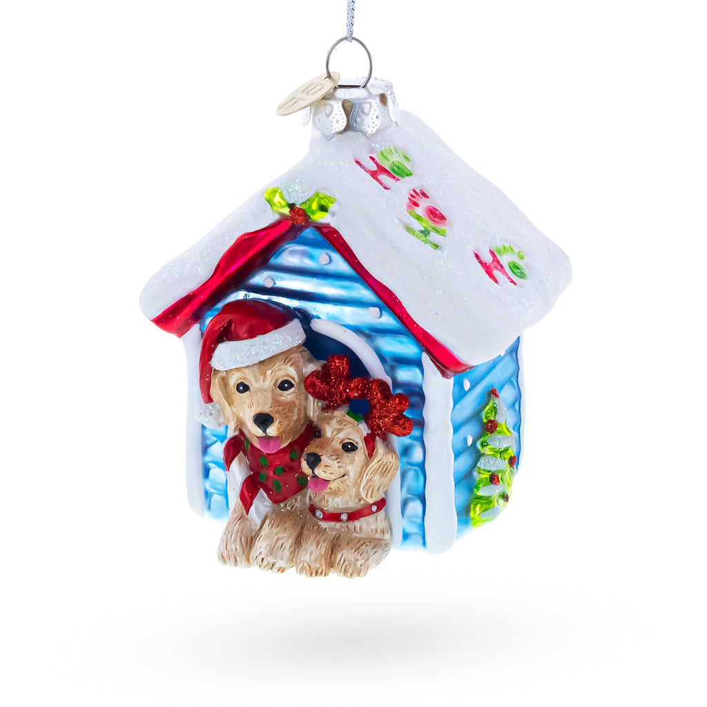Christmas Dogs in Doghouse Blown Glass Christmas Ornament in Multi color Figurine