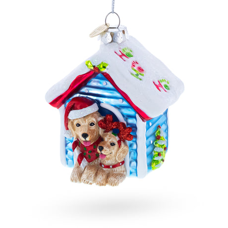 Christmas Dogs in Doghouse Blown Glass Christmas Ornament in Multi color