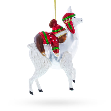 Festive Llama and Sloth Glass Christmas Ornament , dimensions in inches: 4.8 x 3 x 1.5