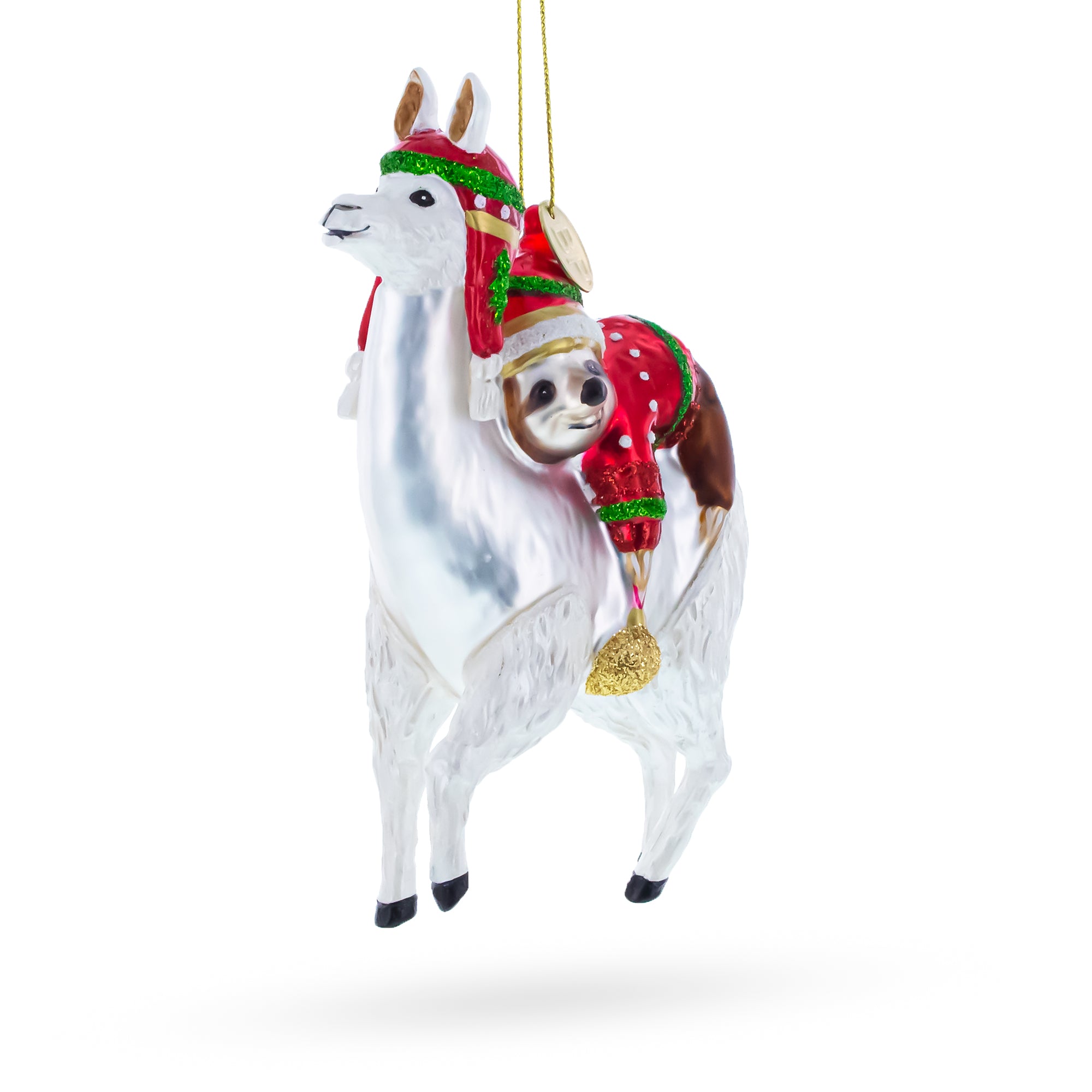 Llama and Sloth Companion Glass Christmas Ornament in White color Figurine