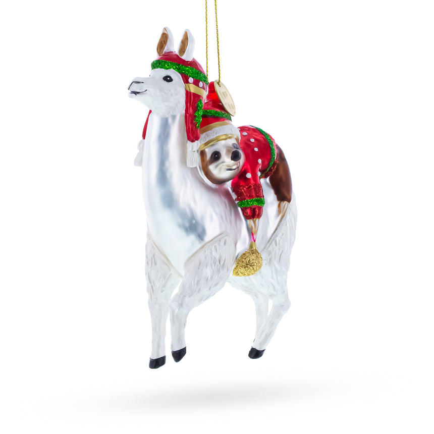 Festive Llama and Sloth Glass Christmas Ornament in White color