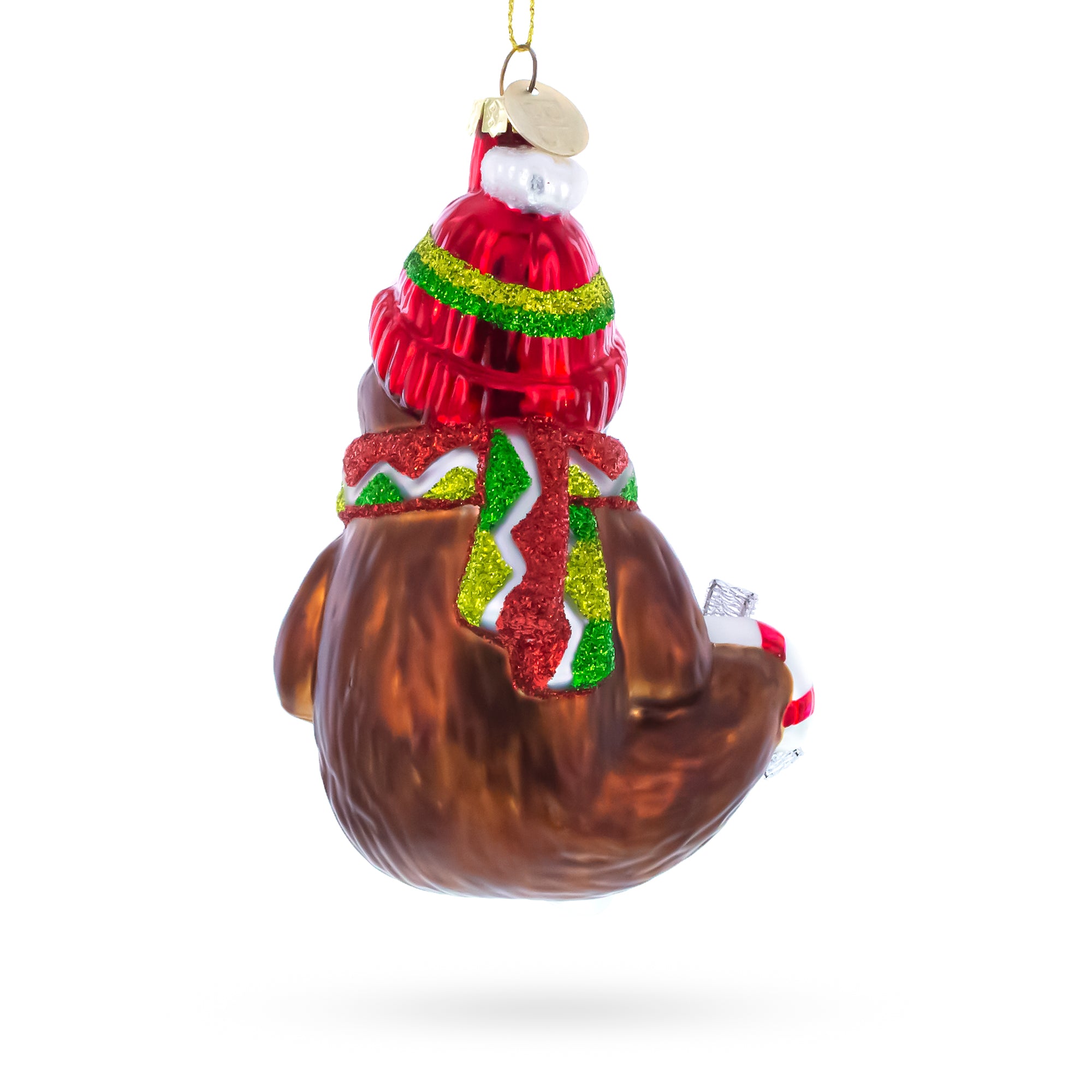 Cozy Sloth Drinking Hot Cocoa Glass Christmas OrnamentChina , dimensions in inches: 4.7 x 3 x 2.6
