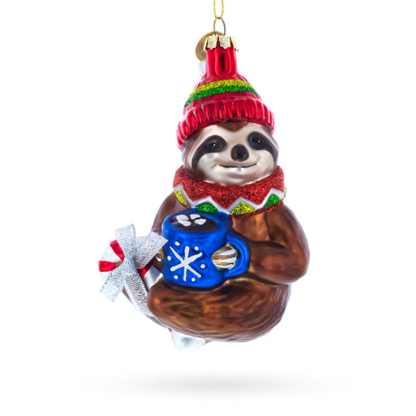 Festive Sloth with Mug Blown Glass Christmas Ornament in Multi color