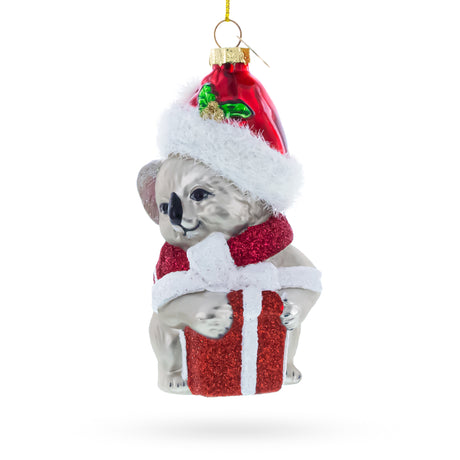 Festive Koala with Present Blown Glass Christmas Ornament in Multi color