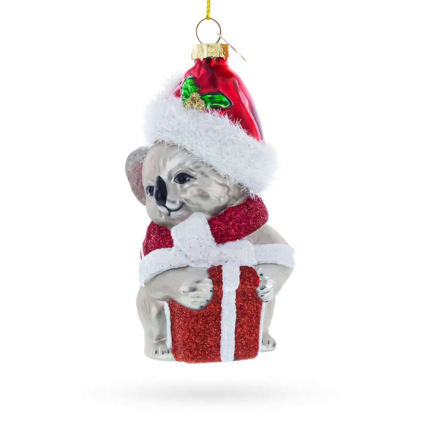 Festive Koala with Present Blown Glass Christmas Ornament in Multi color