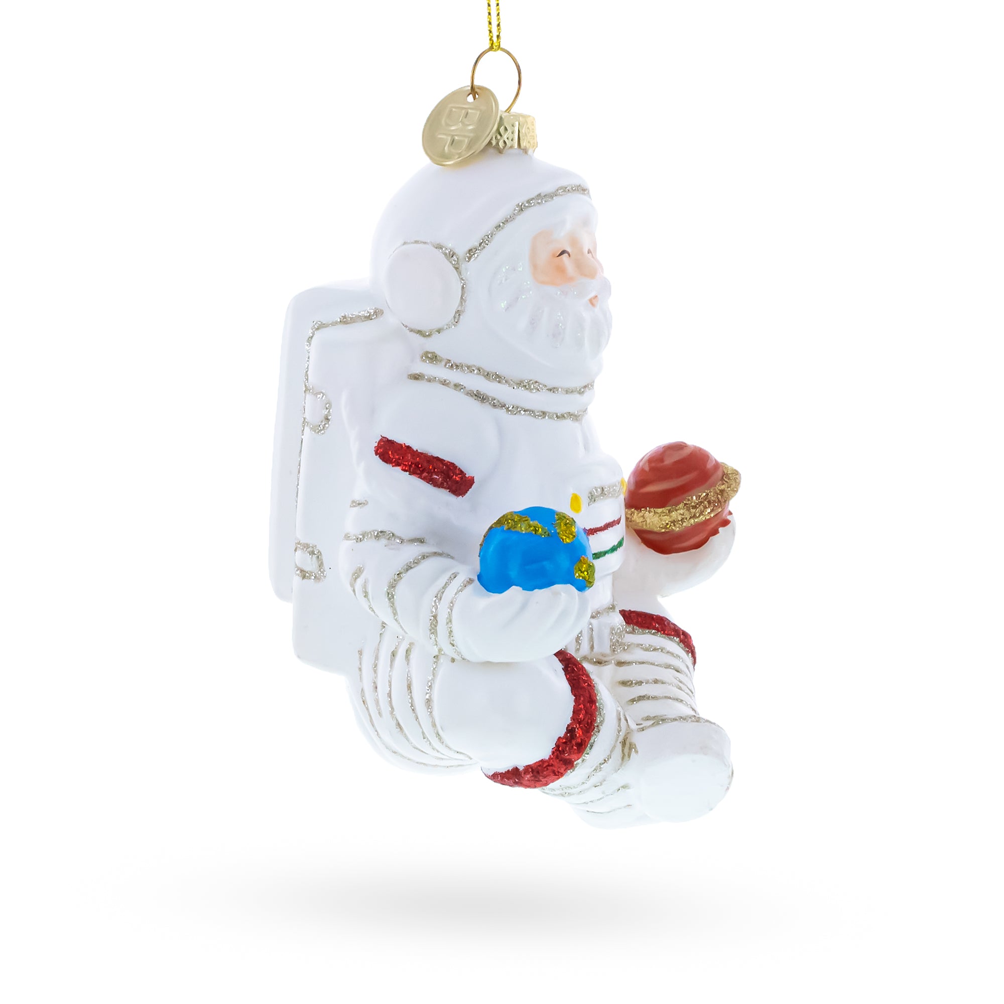Santa Astronaut Blown Glass Christmas OrnamentChina , dimensions in inches: 4.7 x 3.3 x 3