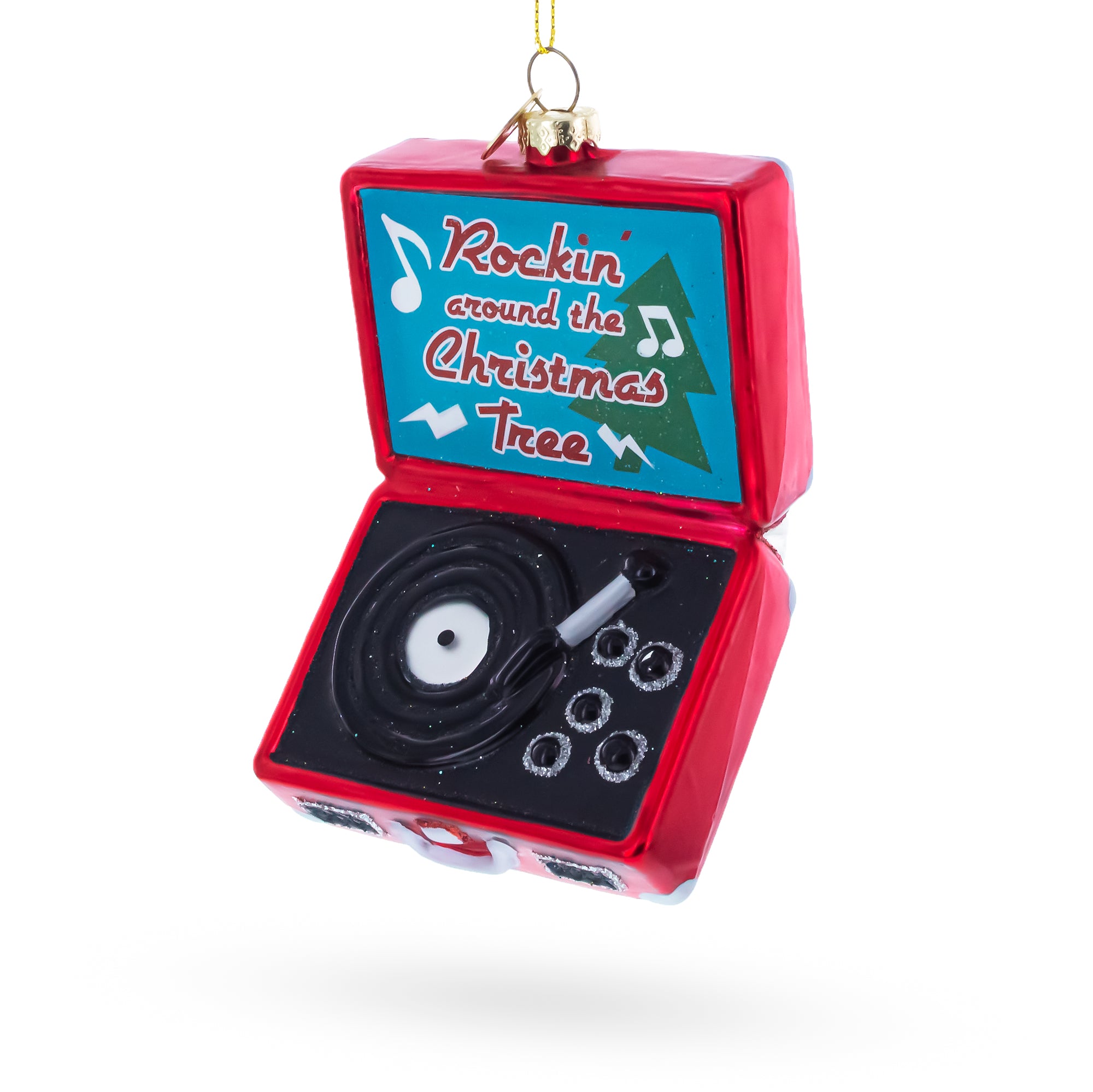 Vintage Vinyl Record Player Blown Glass Christmas Ornament in Red color Figurine