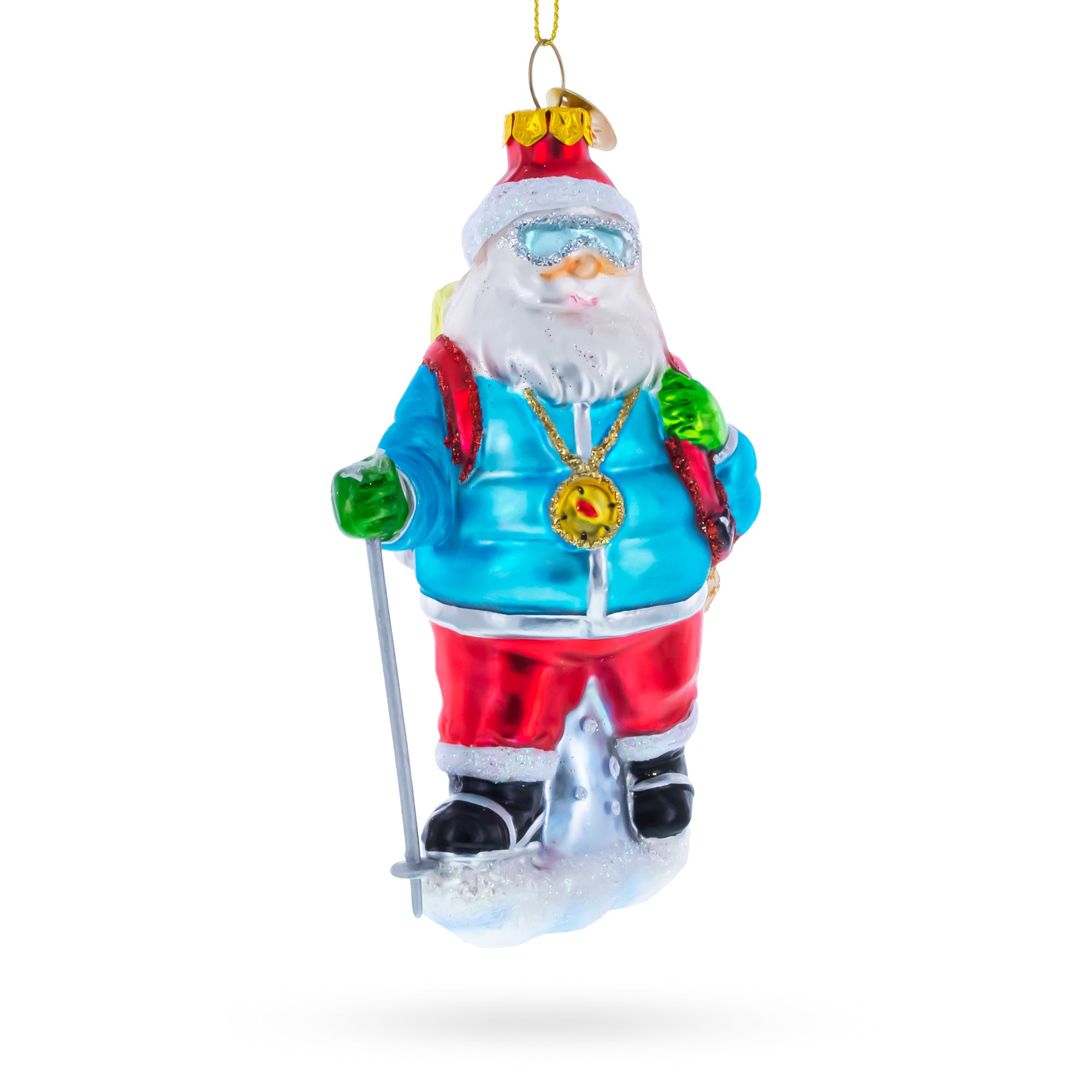 Explorer Santa with Goggles And Trekking Pole Glass Christmas OrnamentChina , dimensions in inches: 5.5 x 3.4 x 2.7