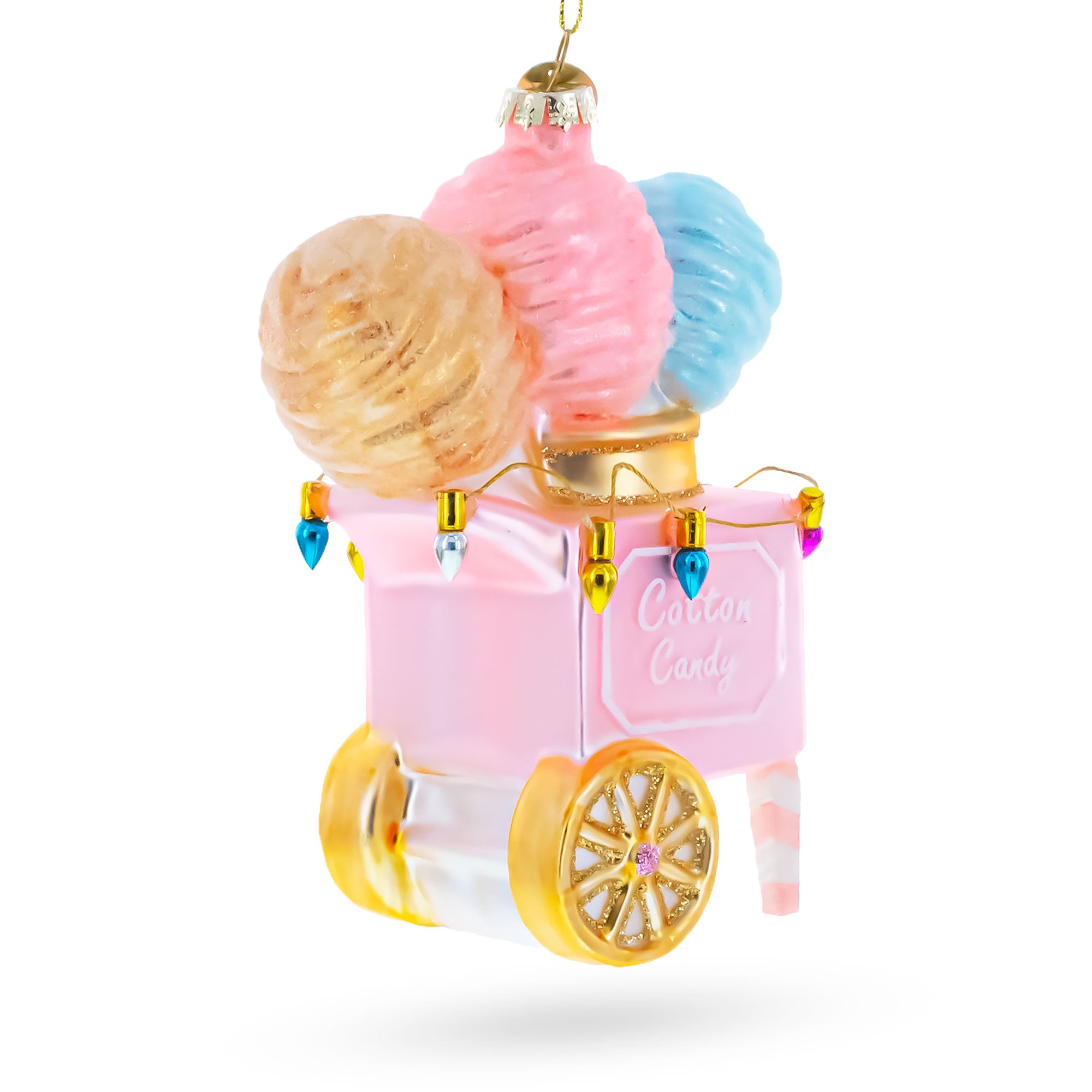 Cotton Candy Cart Blown Glass Christmas OrnamentChina , dimensions in inches: 5.1 x 3.4 x 2.2
