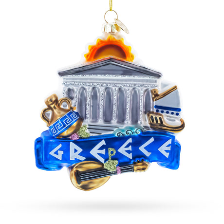Landmarks and Symbols of Greece Blown Glass Christmas Ornament in Multi color