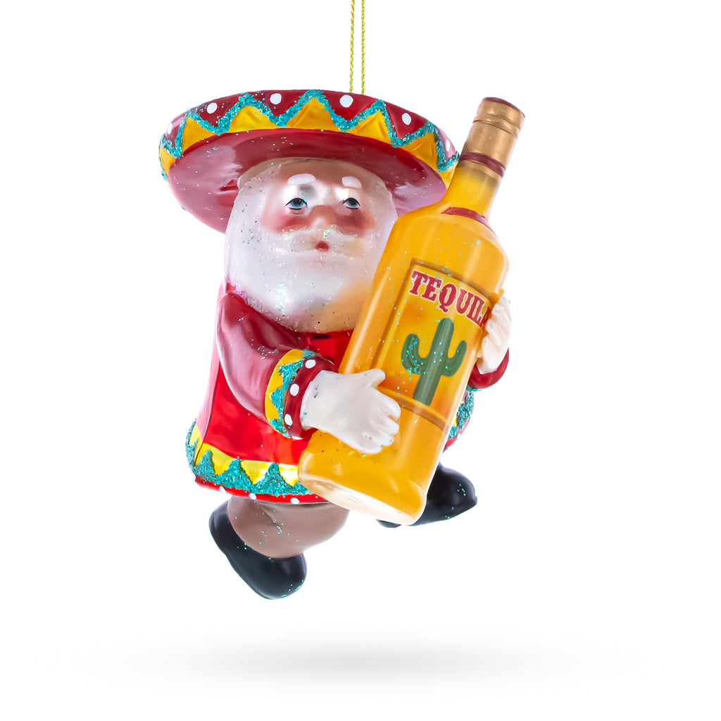 Mexican Santa with Tequila Bottle Glass Christmas Ornament in Red color Figurine