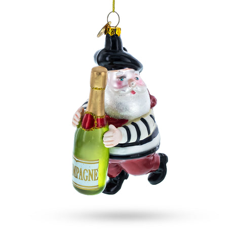 French Santa with Sparkling Wine Blown Glass Christmas Ornament in Multi color