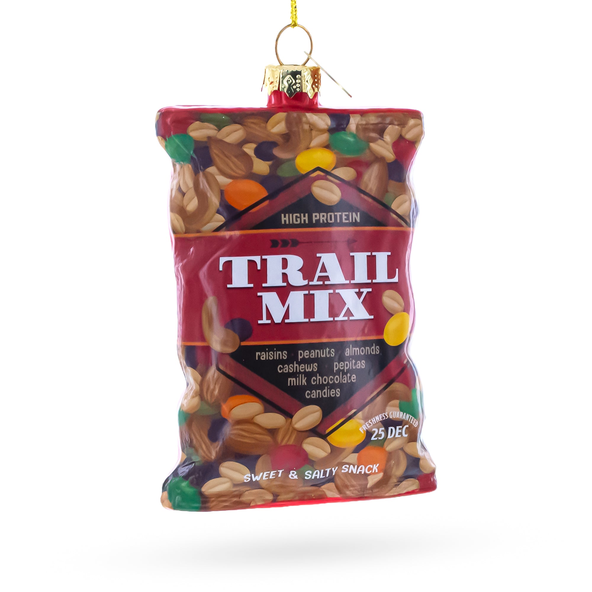 Trail Mix Snack Bag Glass Christmas Ornament in Red color Figurine