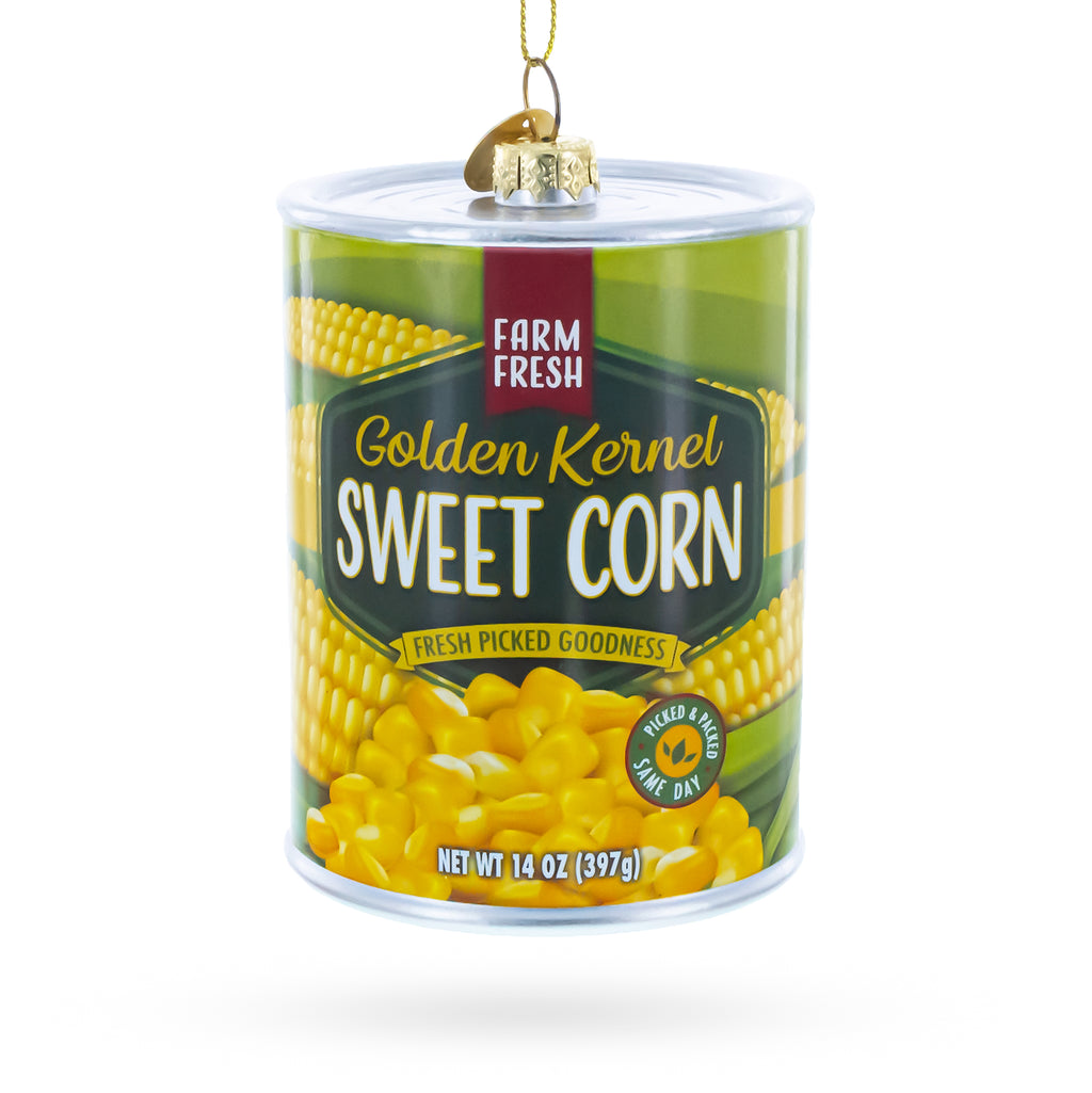 Golden Kernel Sweet Corn Can Glass Christmas Ornament in Green color Figurine
