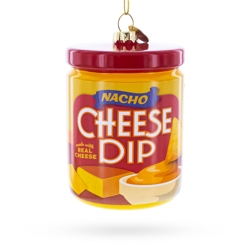 Nacho Cheese Dip Jar Blown Glass Christmas Ornament in Yellow color