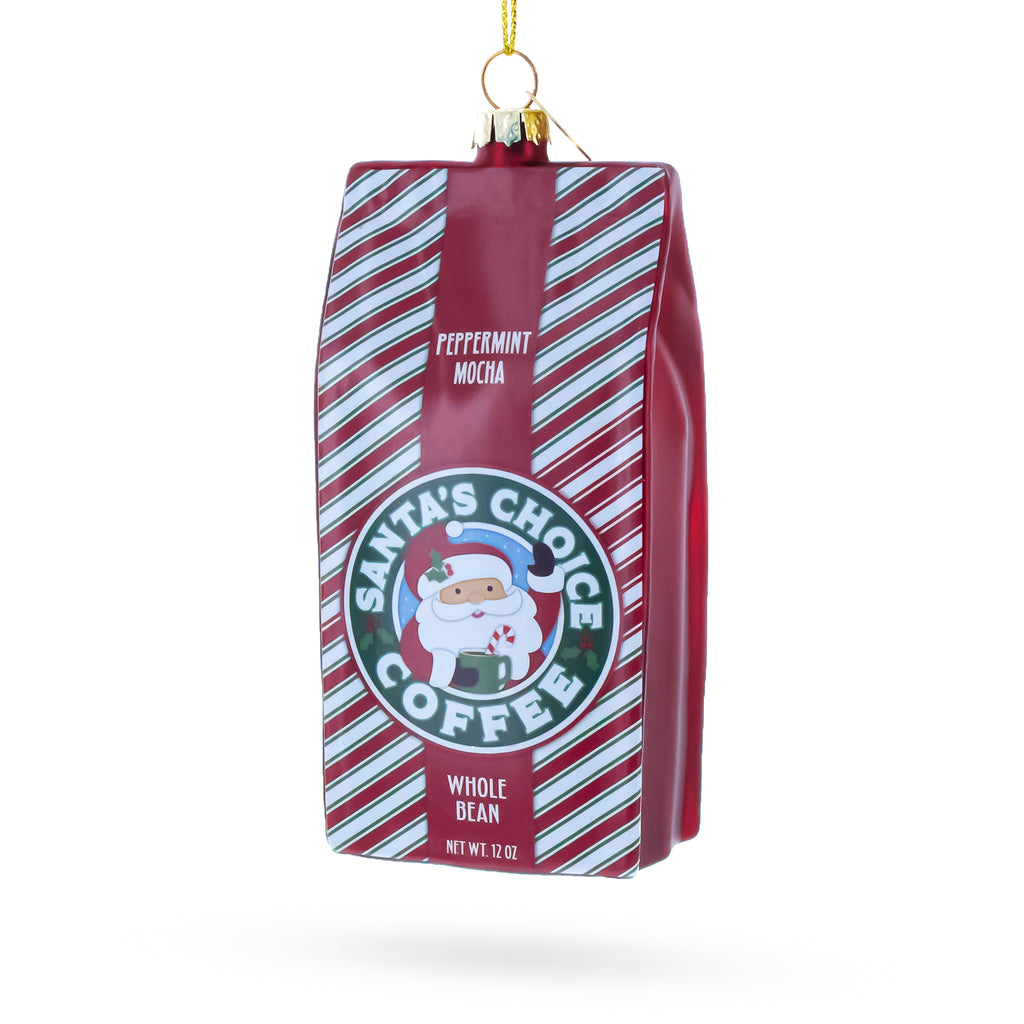 Santa’s Choice Coffee Bag Glass Christmas Ornament in Red color Figurine