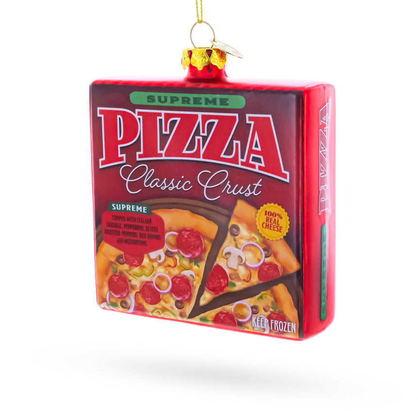 Supreme Pizza Box Blown Glass Christmas Ornament in Red color