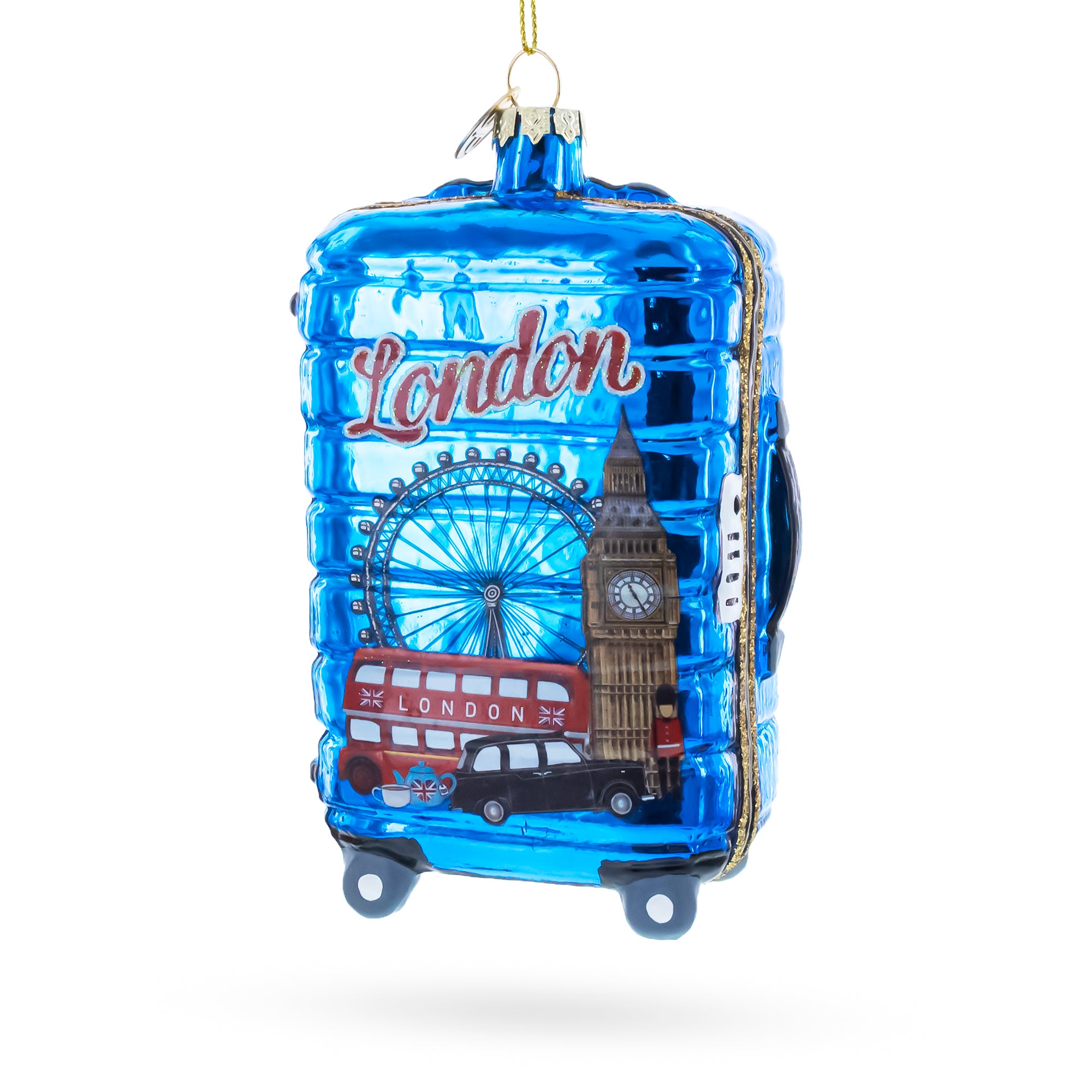 London Landmarks Suitcase Blown Glass Christmas Ornament in Blue color Figurine