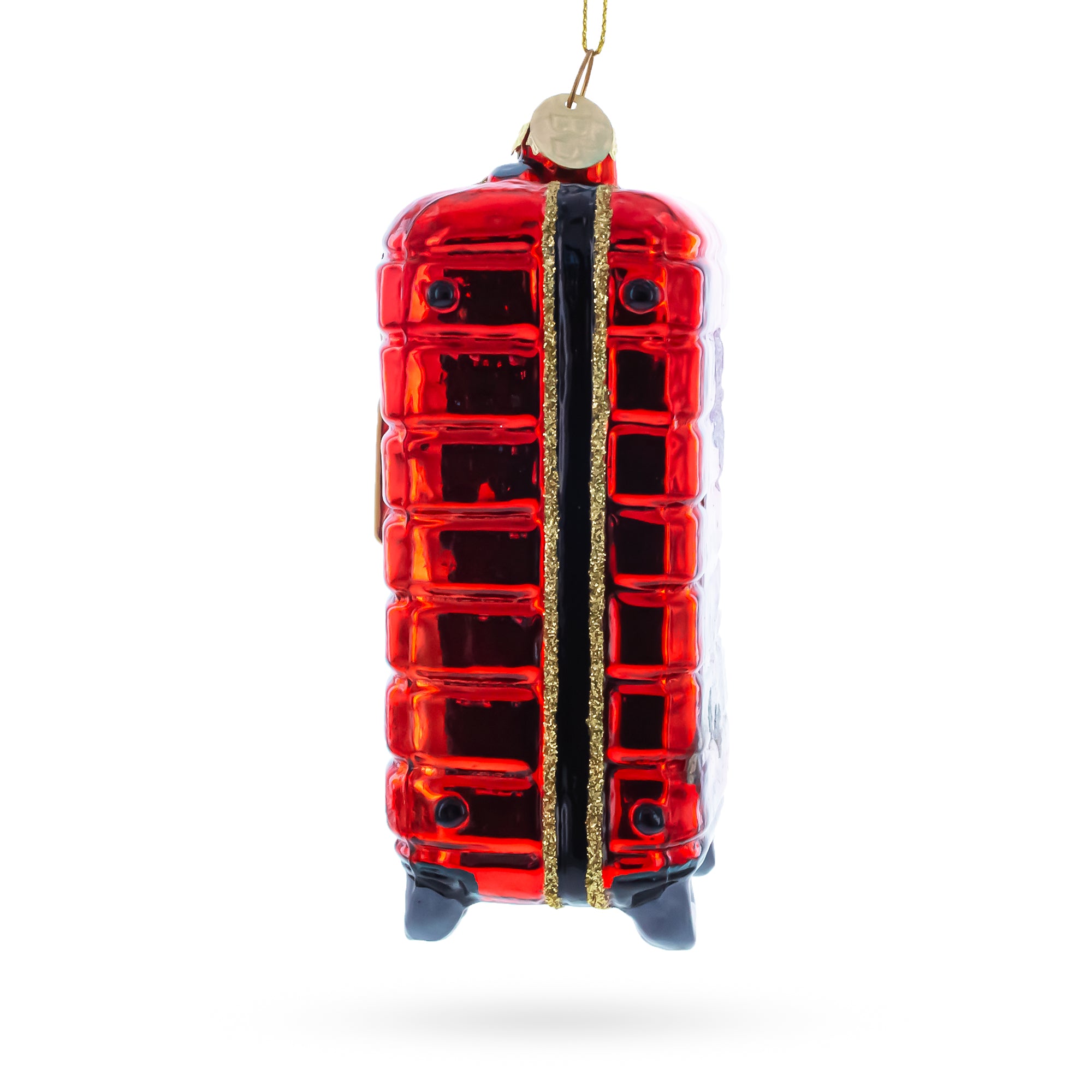 Paris Landmarks Suitcase Blown Glass Christmas OrnamentChina , dimensions in inches: 5.1 x 2.8 x 1.8