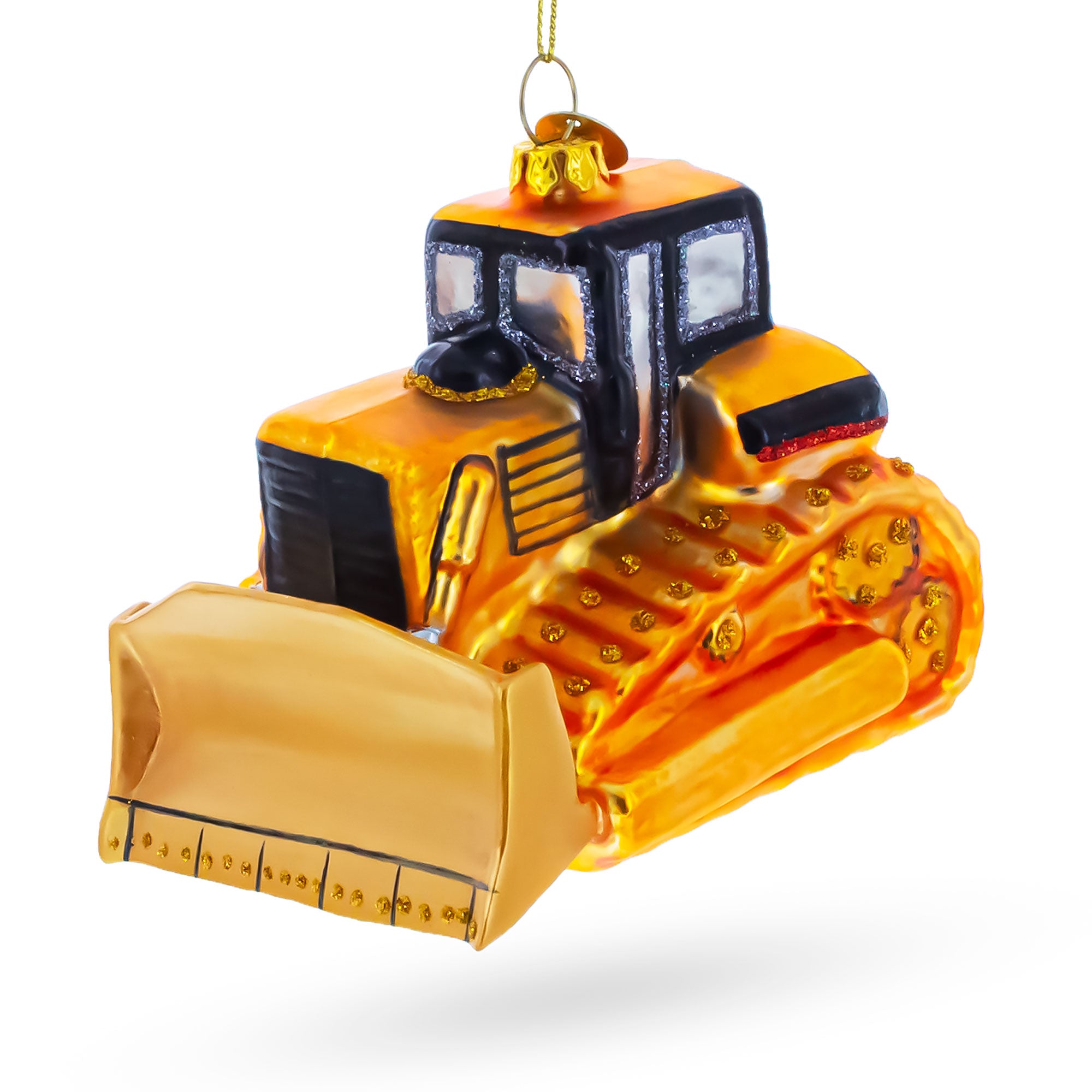 Tracked Bulldozer Construction Vehicle with Detailed Cab Glass Christmas Ornament in Yellow color Figurine