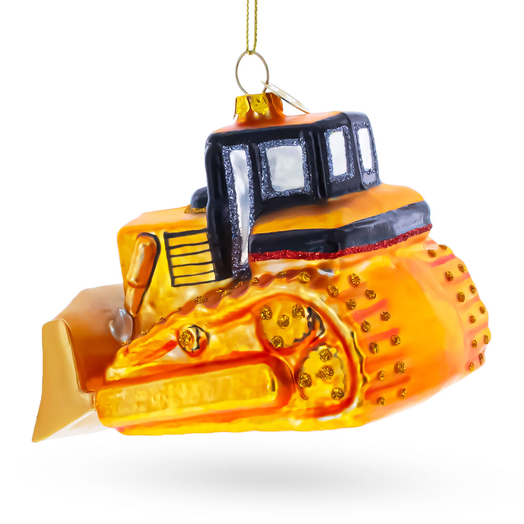 Tracked Bulldozer Construction Vehicle with Detailed Cab Glass Christmas OrnamentChina , dimensions in inches: 3.7 x 3.9 x 3.2