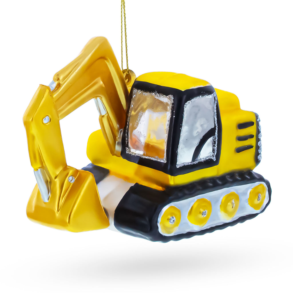 Trackcked Excavator Construction Vehicle with Working Arm Glass Christmas Ornament in Yellow color Figurine