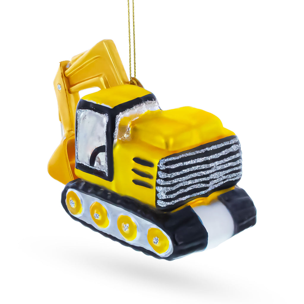 Trackcked Excavator Construction Vehicle with Working Arm Glass Christmas OrnamentChina , dimensions in inches: 5 x 2.2 x 3.2