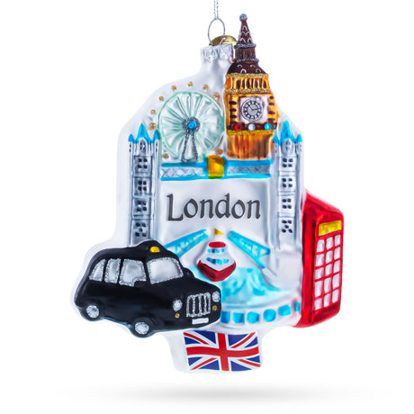 London Landmarks with Big Ben and Taxi Blown Glass Christmas Ornament in Multi color Figurine
