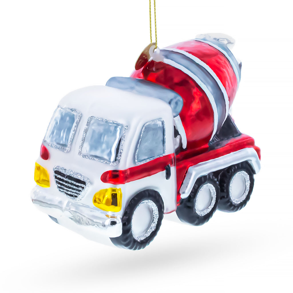 Striped Concrete Mixer Construction Vehicle Glass Christmas Ornament in Red color Figurine