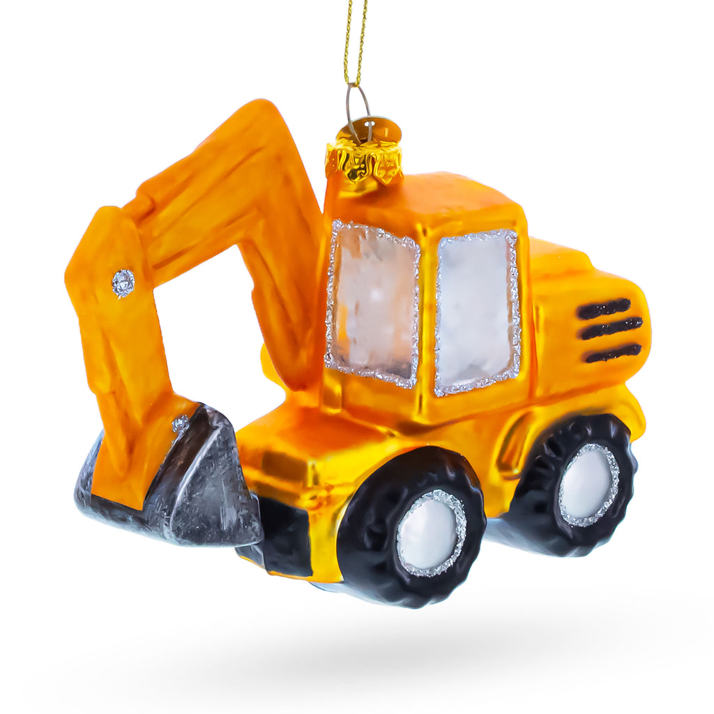 Wheel Excavator Construction Vehicle Glass Christmas Ornament in Yellow color Figurine