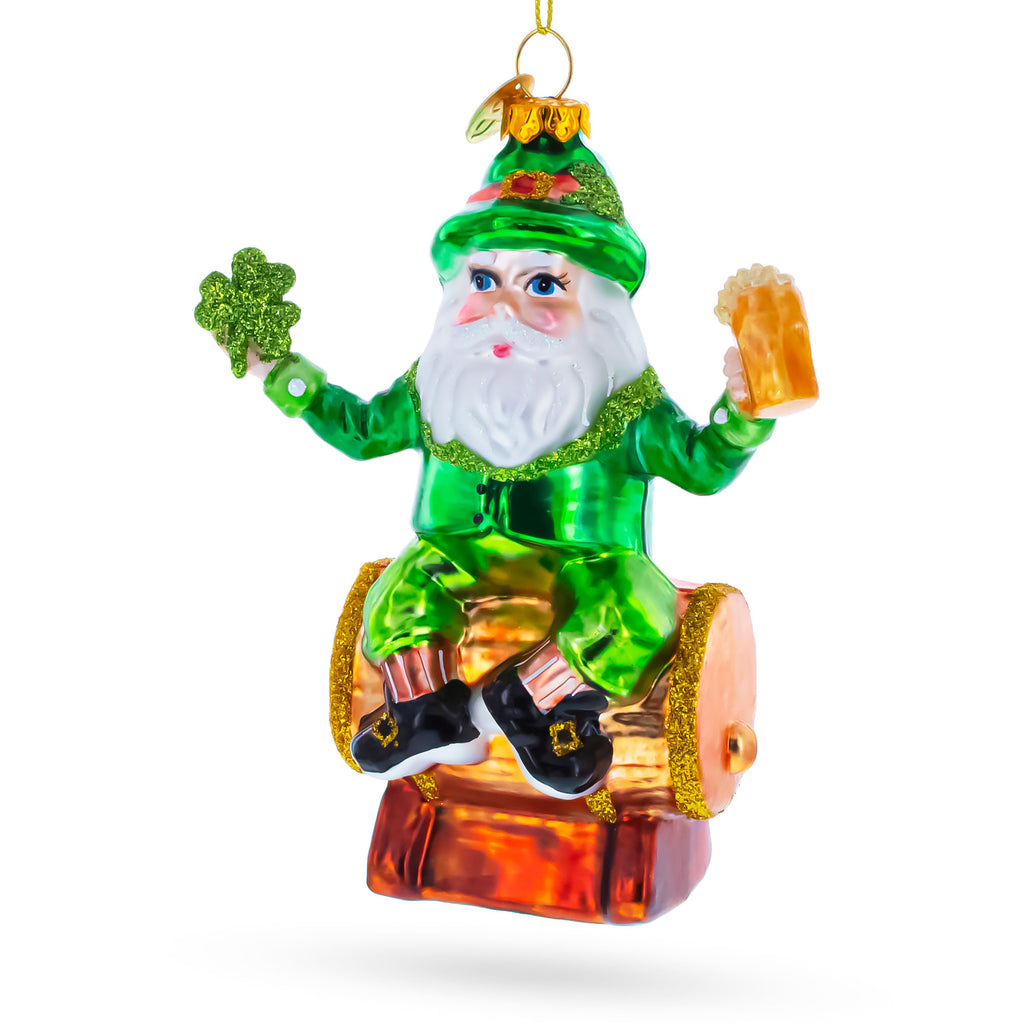 Irish Leprechaun Gnome Santa Holding Beer and Shamrock Glass Christmas Ornament in Red color Figurine