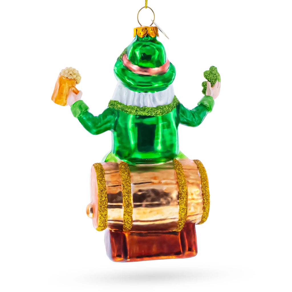 Irish Leprechaun Gnome Santa Holding Beer and Shamrock Glass Christmas OrnamentChina , dimensions in inches: 5.5 x 3.9 x 2