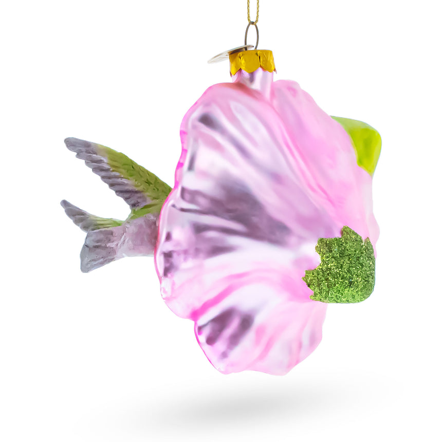 Vibrant Hummingbird with Hibiscus Glass Christmas Ornament , dimensions in inches: 4.4 x 4.3 x 2.6