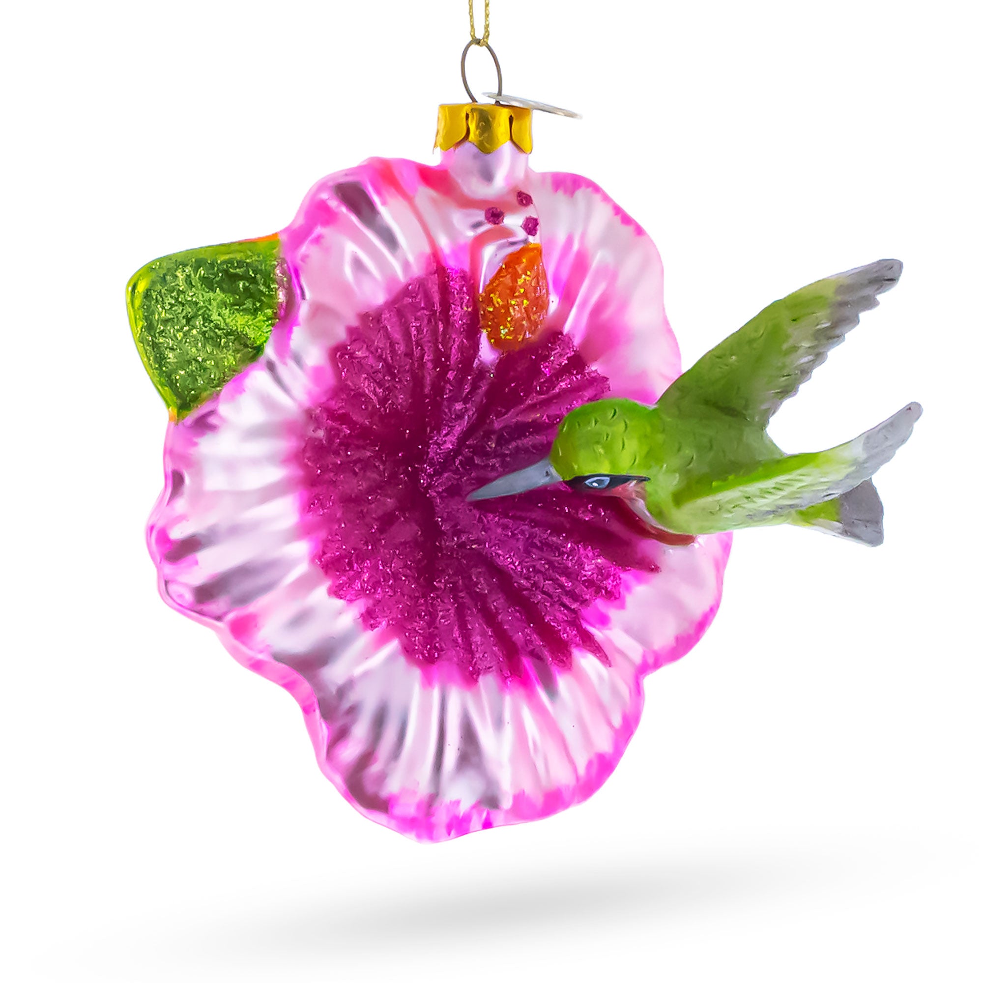 Hummingbird with Hibiscus Glass Christmas Ornament in Pink color Figurine