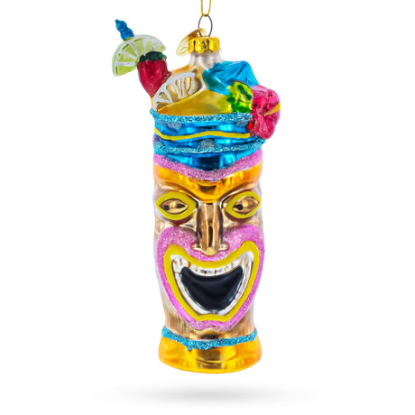 Hawaiian Tiki Totem with Tropical Cocktail Blown Glass Christmas Ornament in Multi color Figurine
